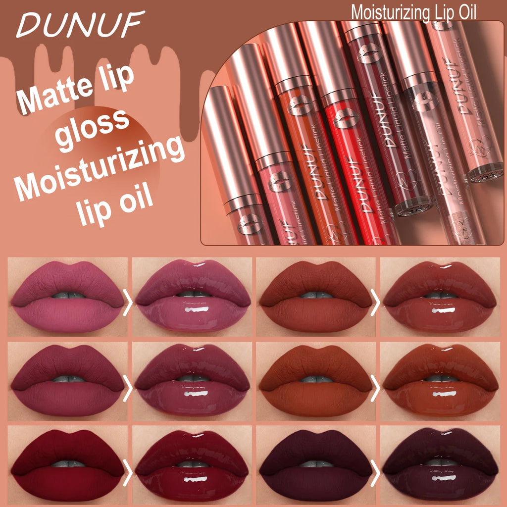 DUNUF 12 Pcs Matte Lipstick Lip Gloss Waterproof Long-lasting Easy Coloring Beginner Friendly Non-stick Cup Shape Non-fading Moi