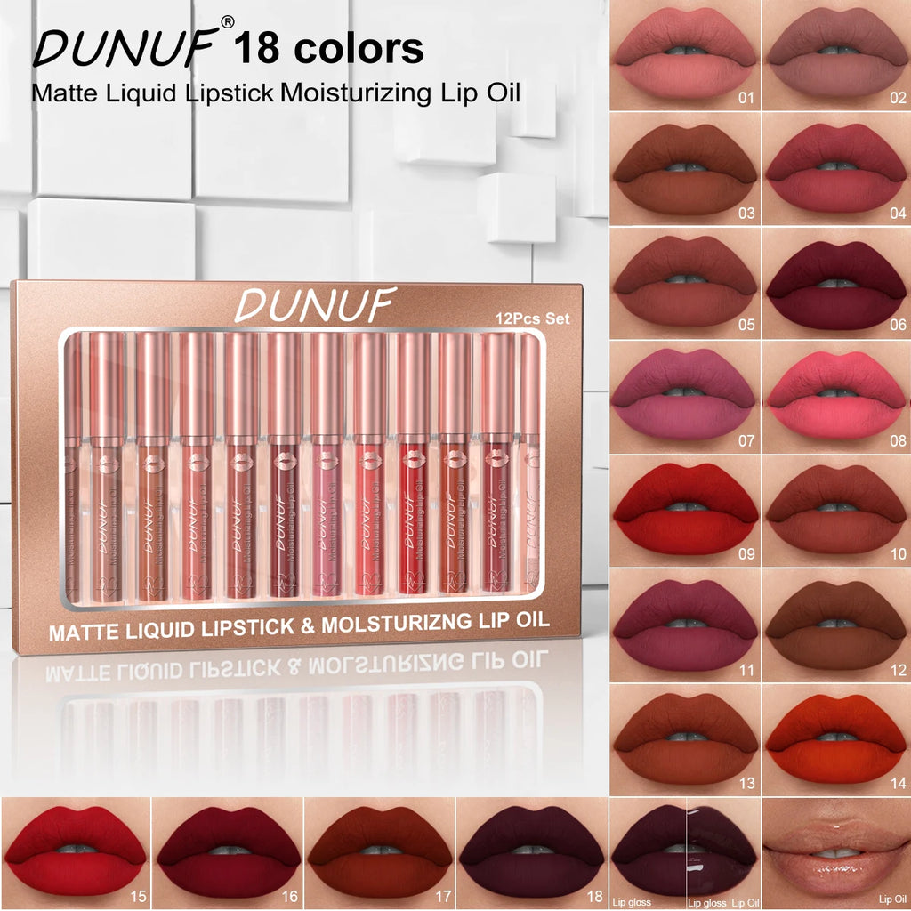 DUNUF 12 Pcs Matte Lipstick Lip Gloss Waterproof Long-lasting Easy Coloring Beginner Friendly Non-stick Cup Shape Non-fading Moi