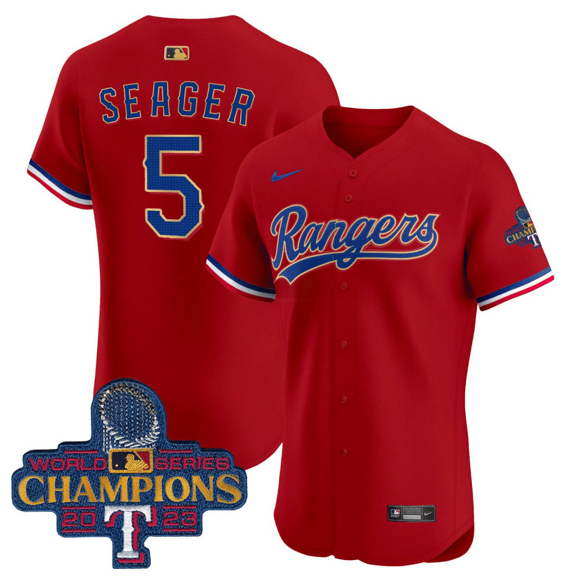 MLB Corey Seager Texas Red 2023 World Series Champions Gold Trim Vapor Premier Elite Jersey