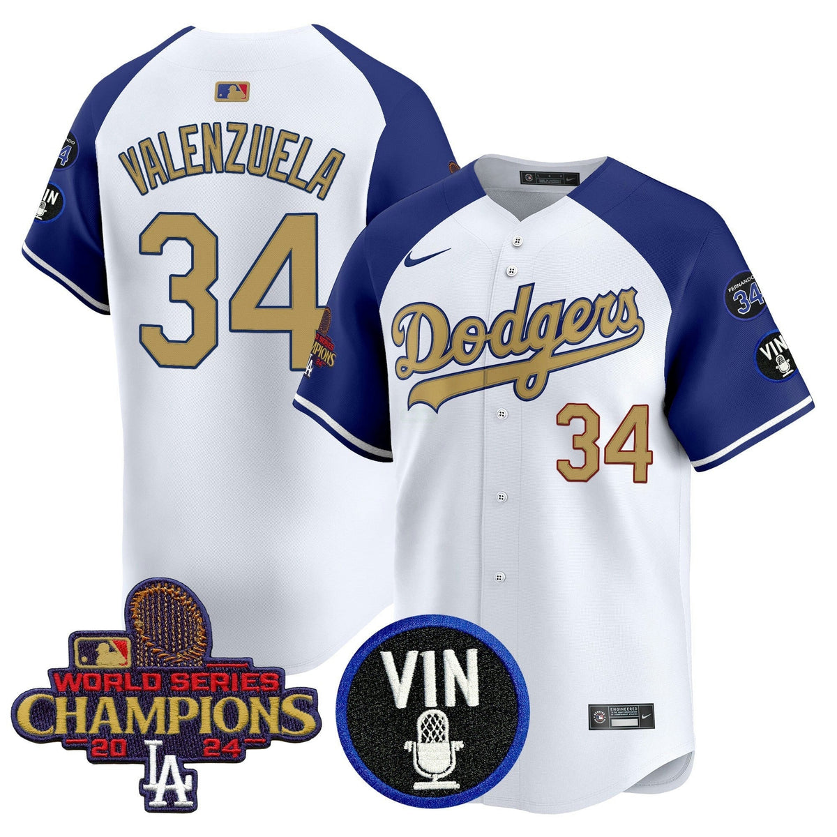 MLB Men’s 2025 Vin Scully & #34 Fernando Patch Gold Vapor Premier Limited Jersey