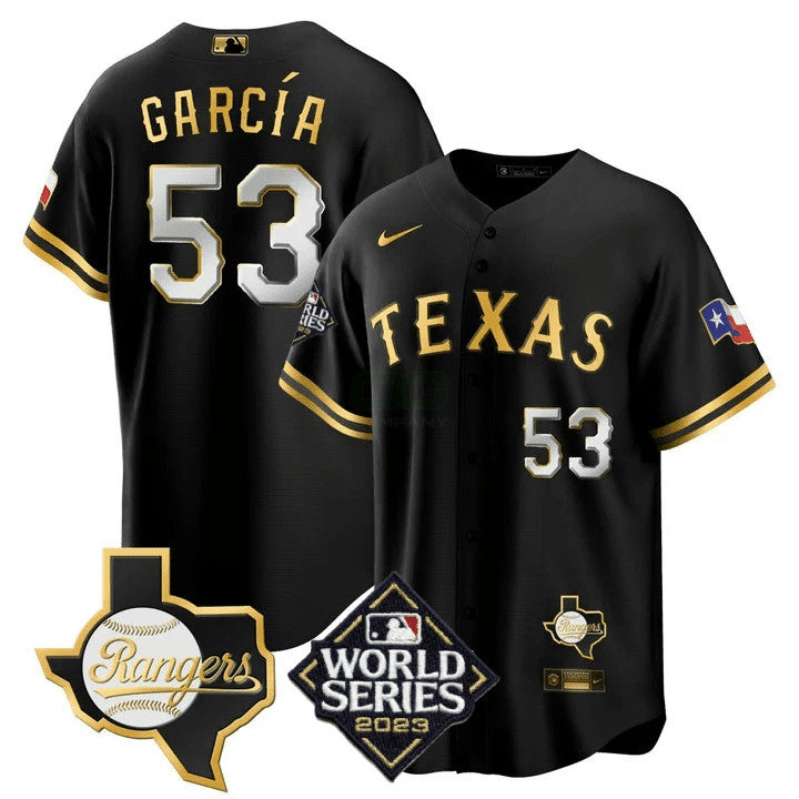 MLB Men’s Texas 2023 World Series & Texas State Patch Cool Base Gold Jersey V2