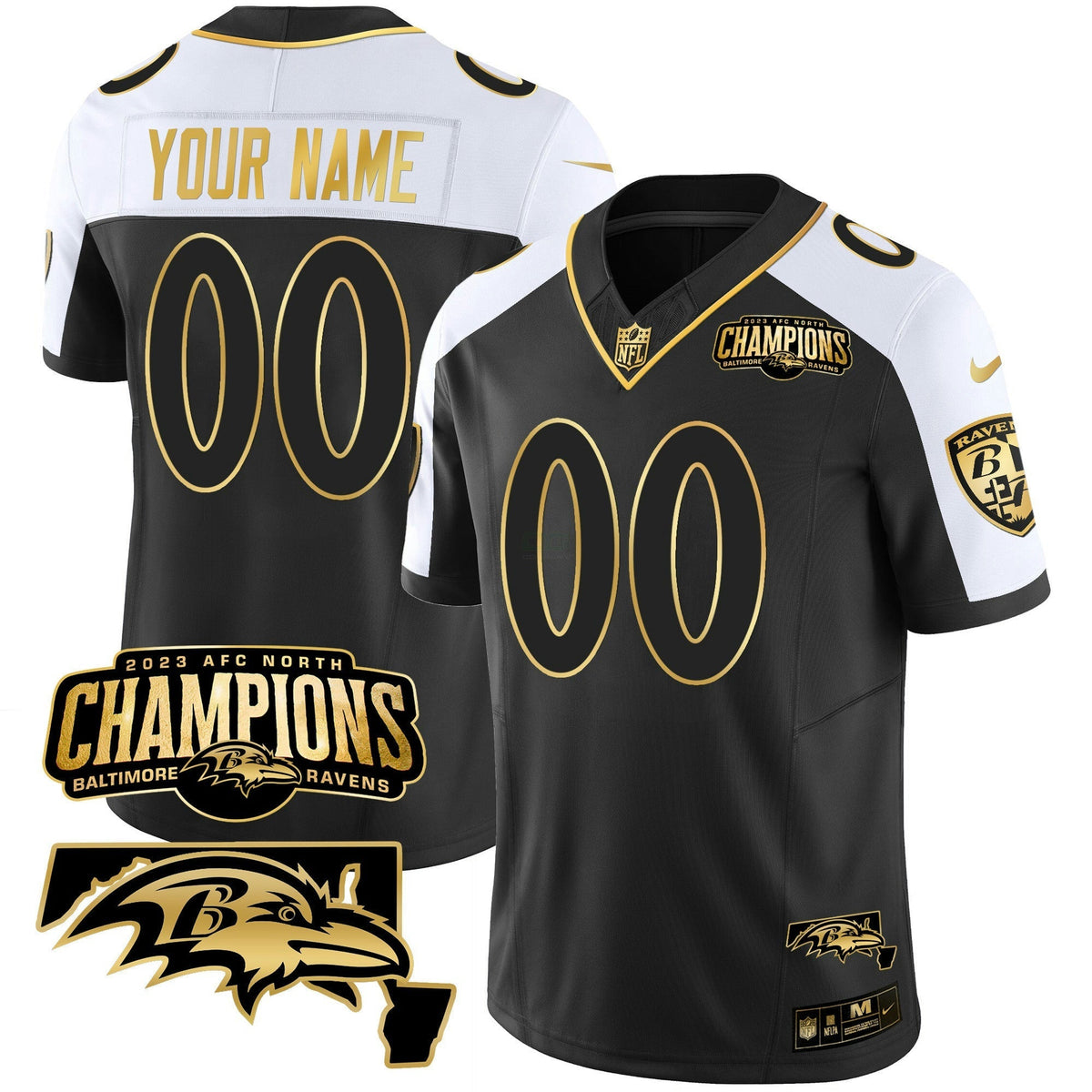 NFL 2023 AFC North Champions & Maryland Patch Gold Vapor Jersey