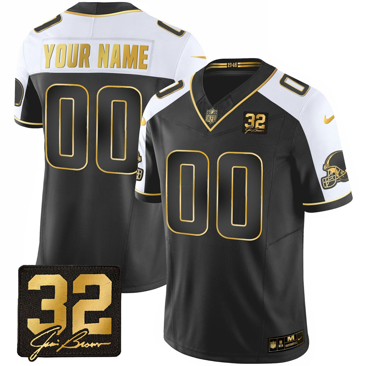 NFL #32 Jim Brown Memorial Patch Gold Jersey