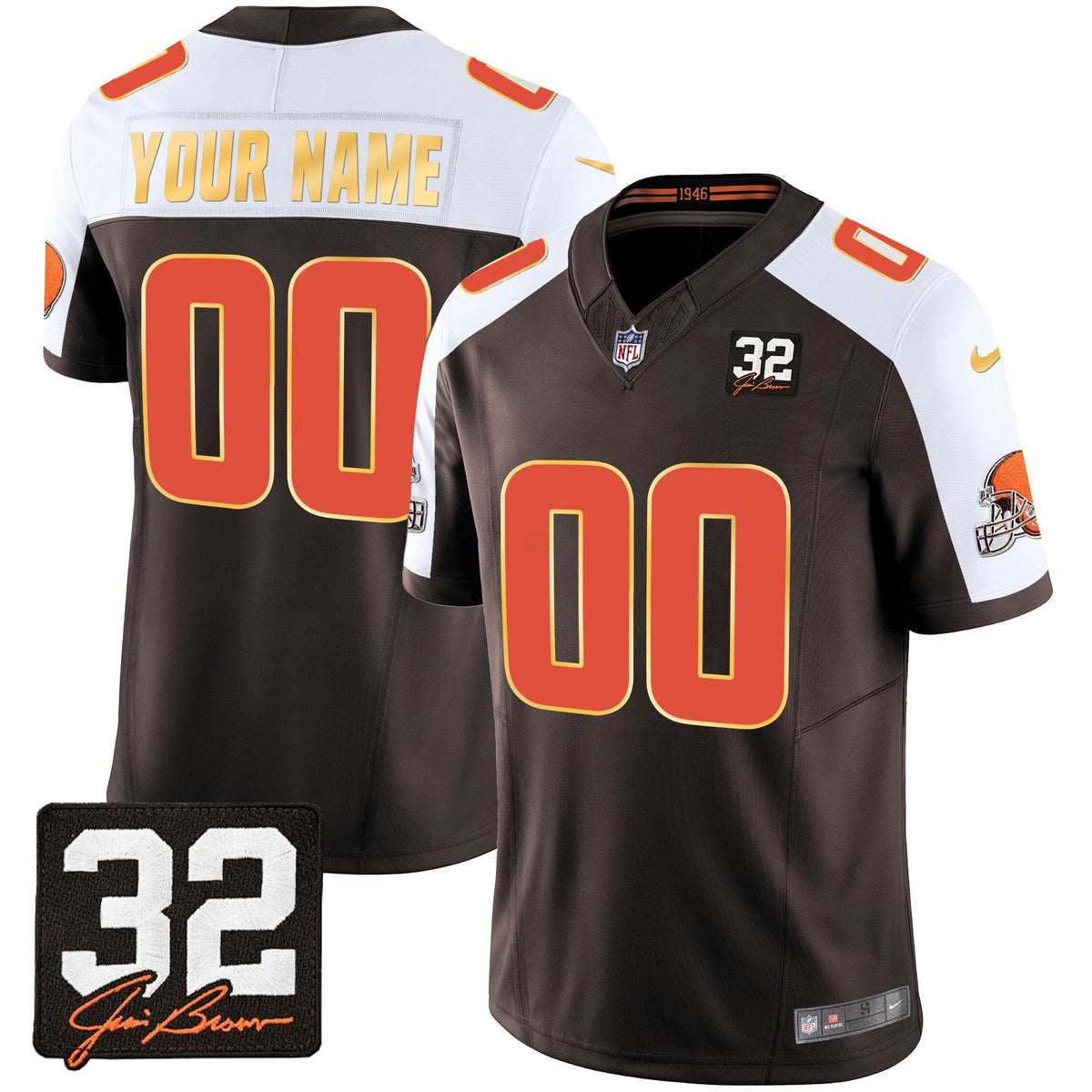 NFL #32 Jim Brown Memorial Patch Gold Trim Jersey