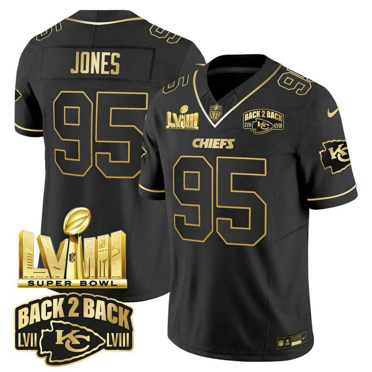 NFL Chris Jones Super Bowl LVIII & Back 2 Back Gold Patch Black Gold Vapor Jersey V2 - Chris Jones
