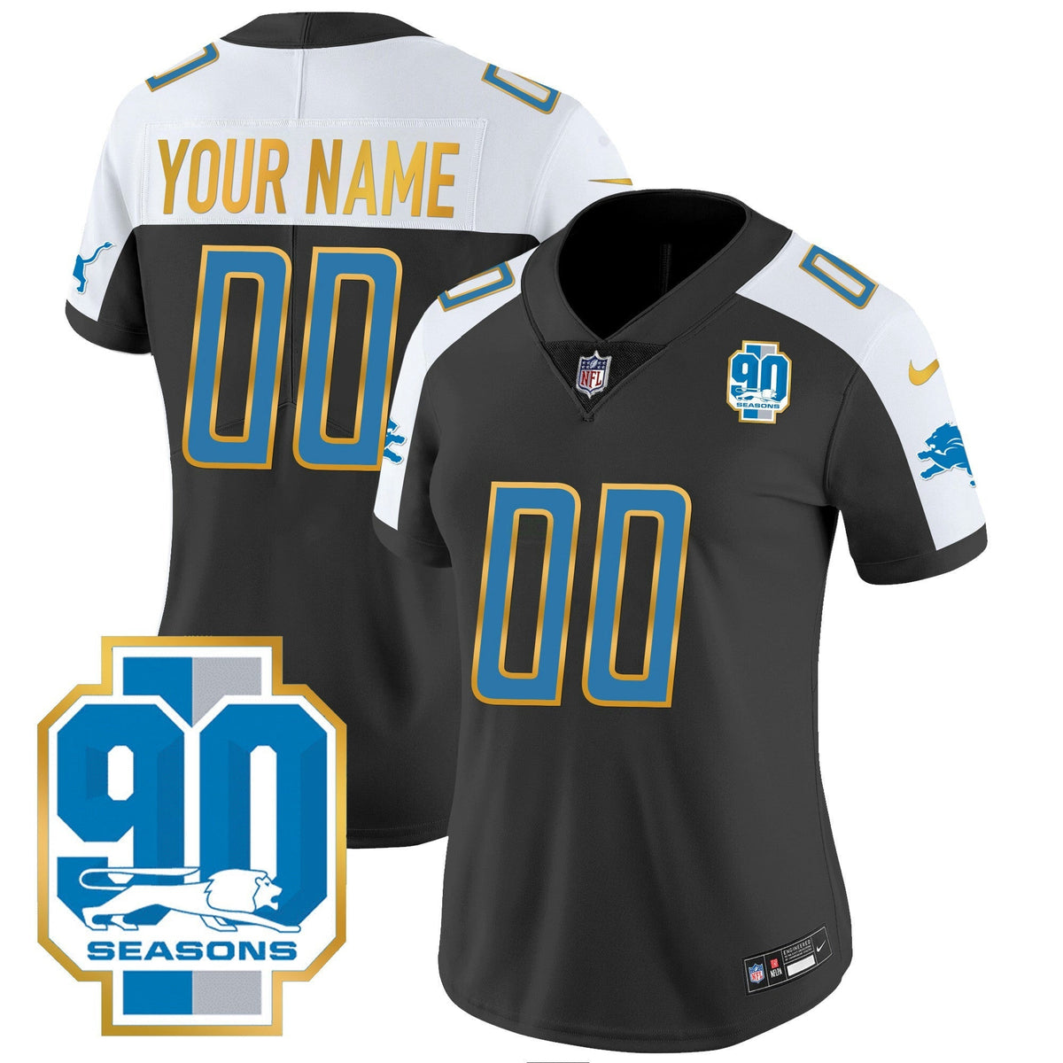 NFL Detroit 90th Year Patch Gold Trim Jersey