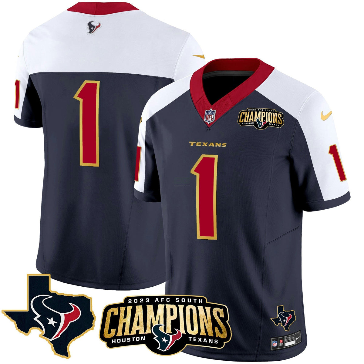 NFL Men’s Houston 2023 AFC South Champions Patch Gold Trim Vapor Jersey
