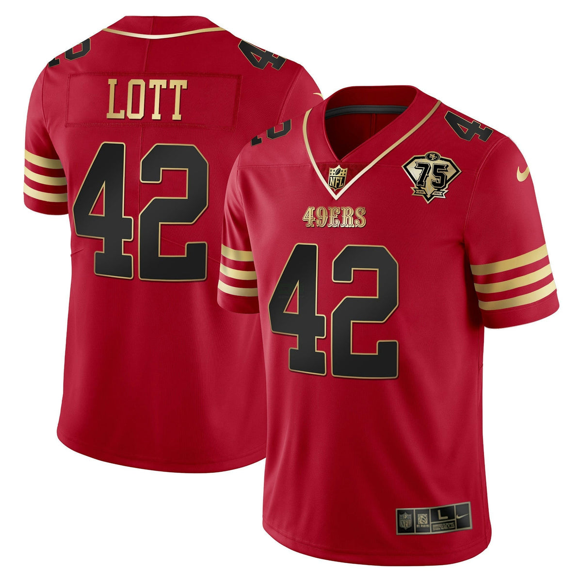 Jersey NFL Men’s Ronnie Lott 75th Anniversary Patch Vapor Black Red Gold Limited
