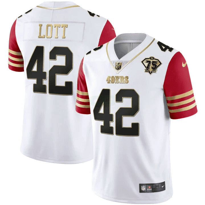 Jersey NFL Men’s Ronnie Lott 75th Anniversary Patch Vapor Black Red Gold Limited