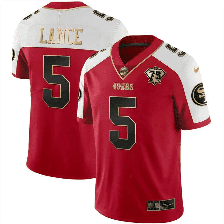 Jersey NFL Men’s Trey Lance 75th Anniversary Patch Vapor Black Red Gold Limited