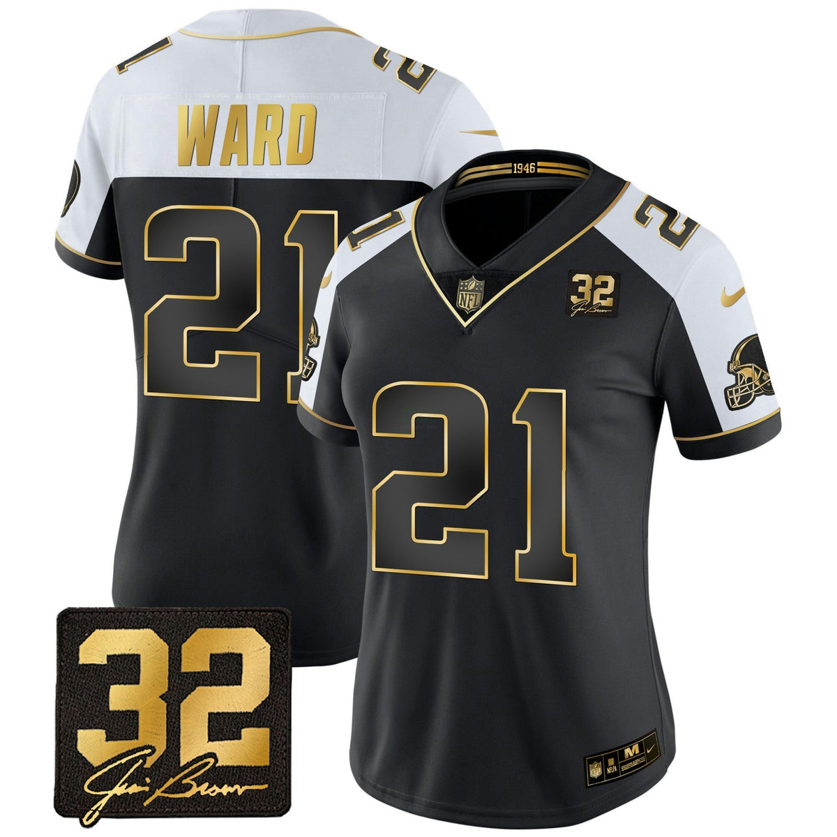 NFL Women’s #32 Jim Brown Memorial Patch Gold Jersey