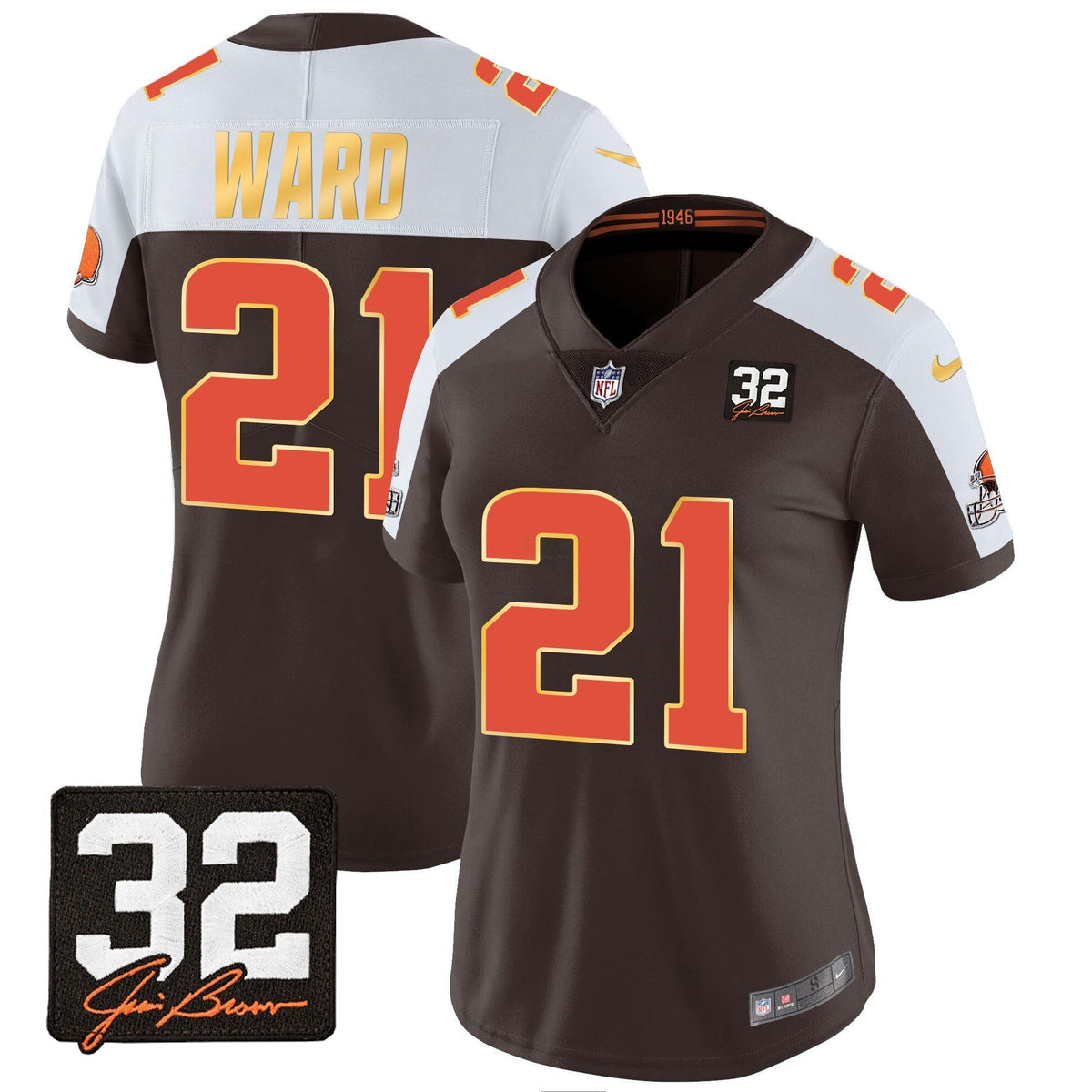 NFL Women’s #32 Jim Brown Memorial Patch Gold Trim Jersey